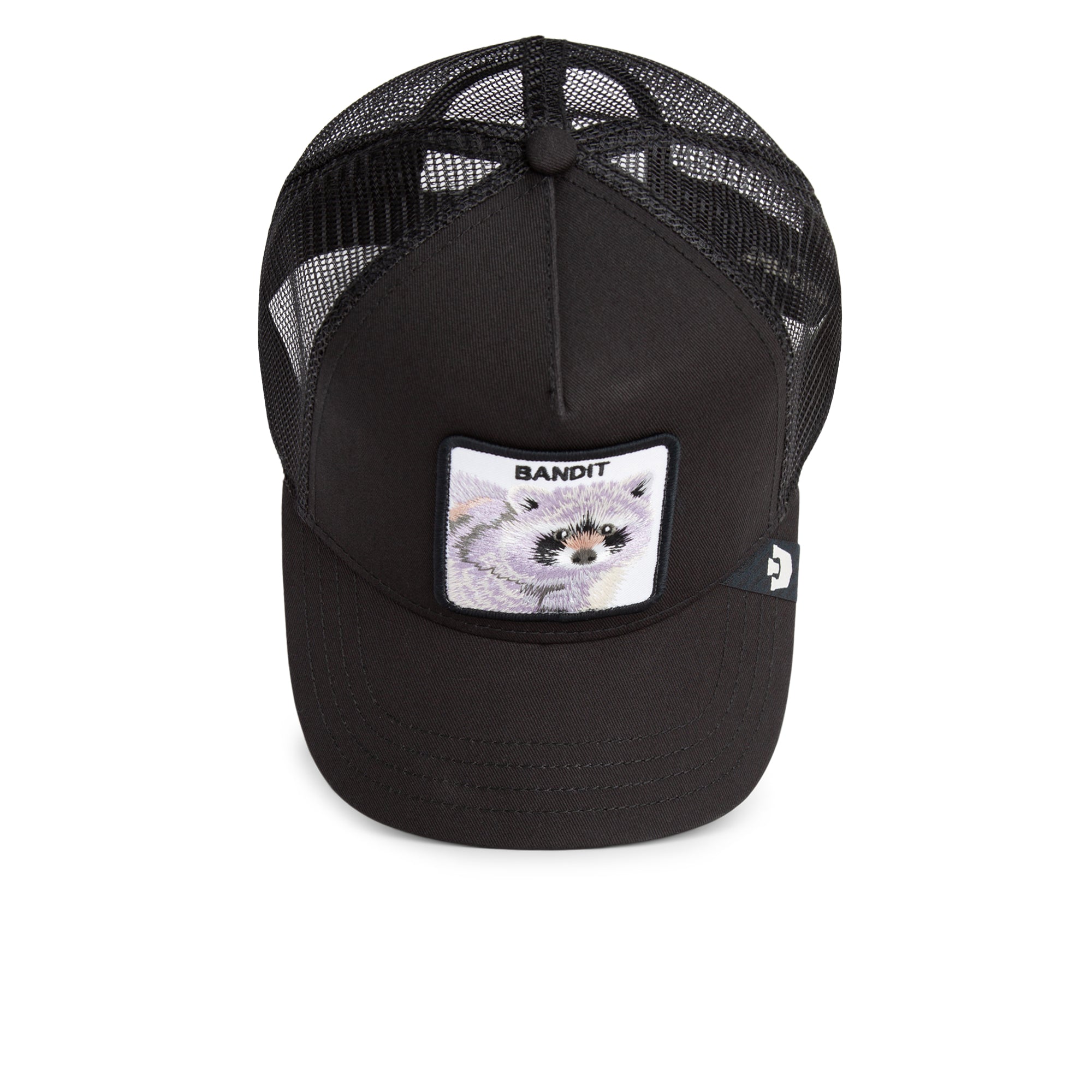 Black Goorin Bros trucker hat with mesh back featuring embroidered raccoon patch labeled BANDIT on front panel