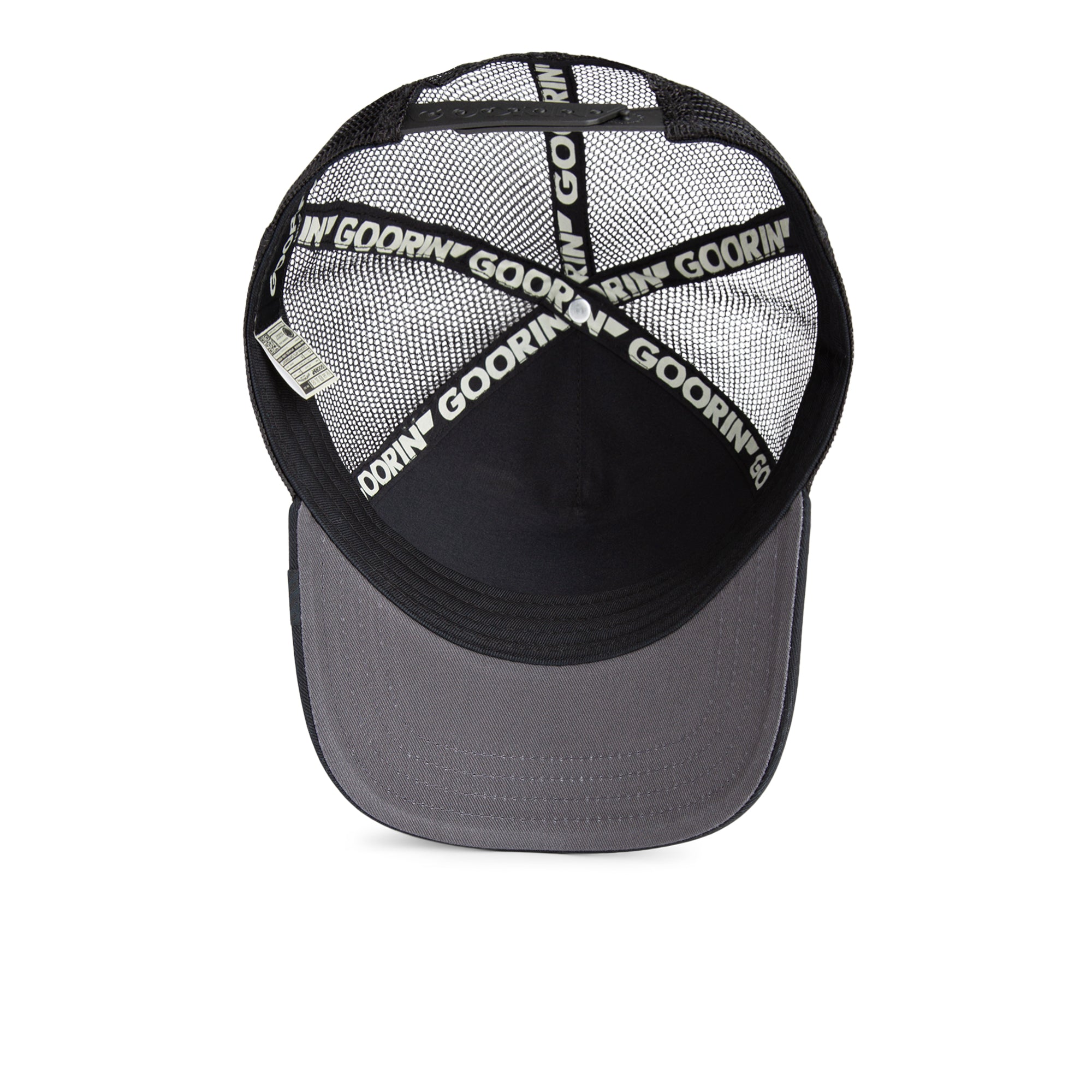 Black Goorin Bros trucker hat with mesh back featuring embroidered raccoon patch labeled BANDIT on front panel
