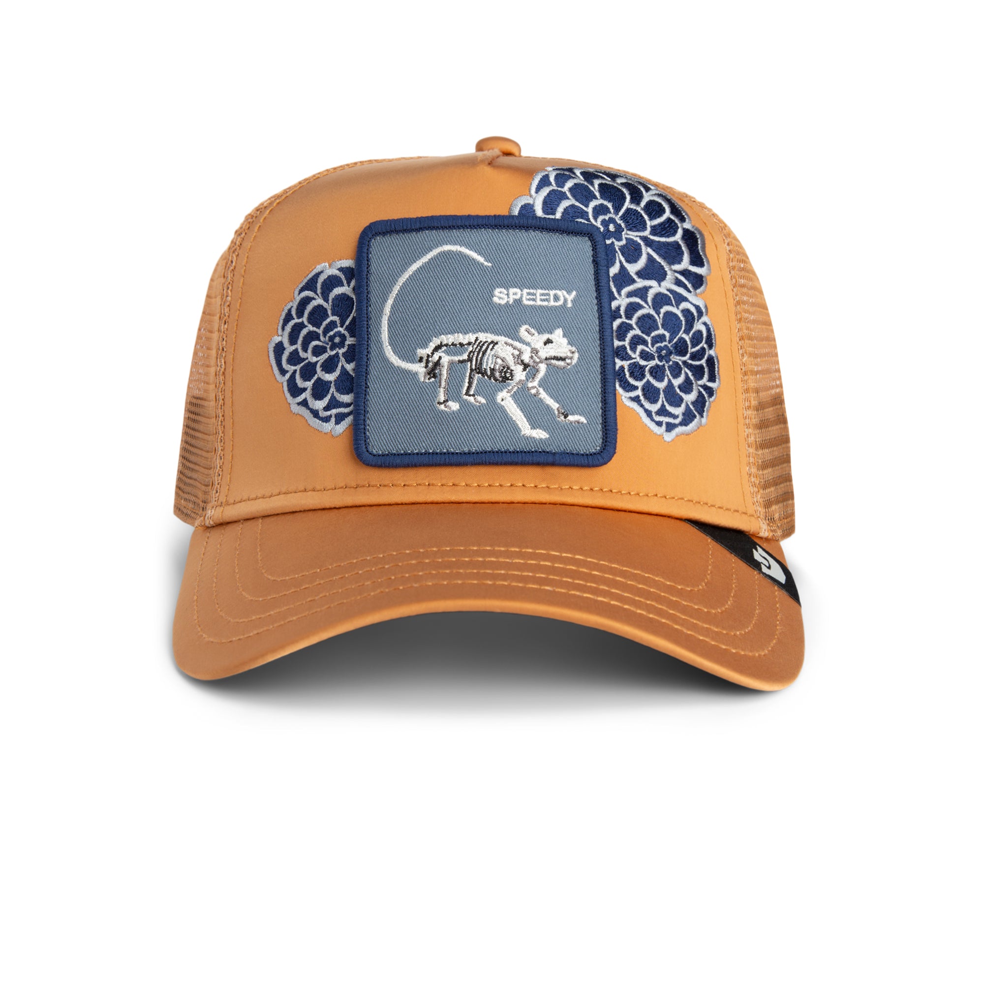 Tan Goorin Bros trucker hat with Speedy skeleton mouse patch