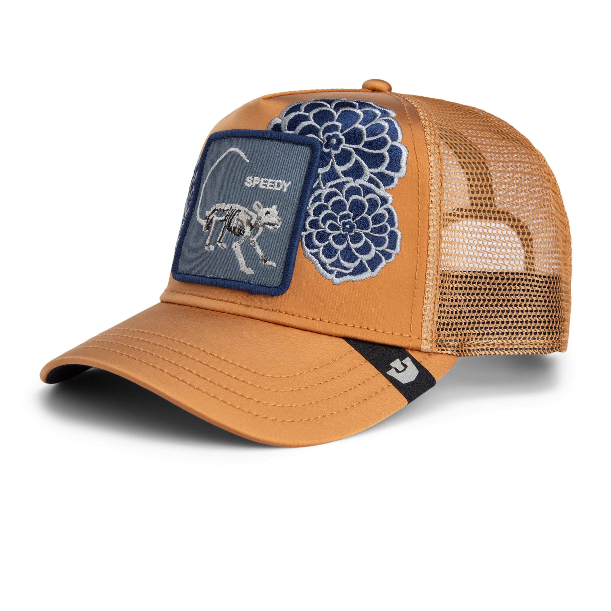 Tan mesh back trucker cap featuring embroidered skeleton mouse design