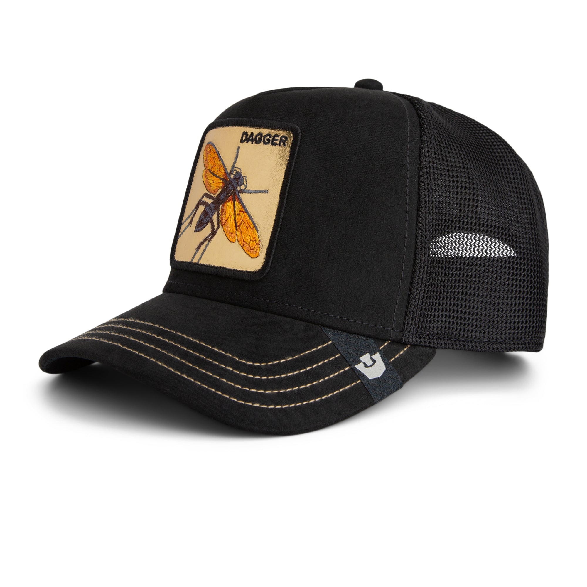 Black cap with a patch featuring a wasp design on a white background