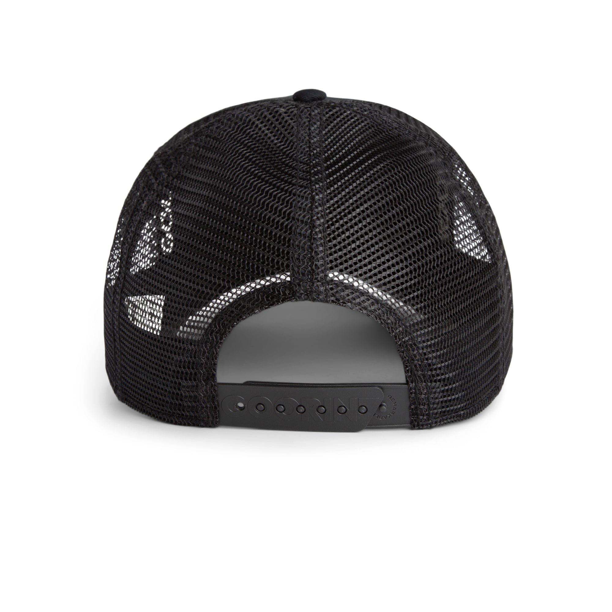 Black mesh cap with brand logo on a white background