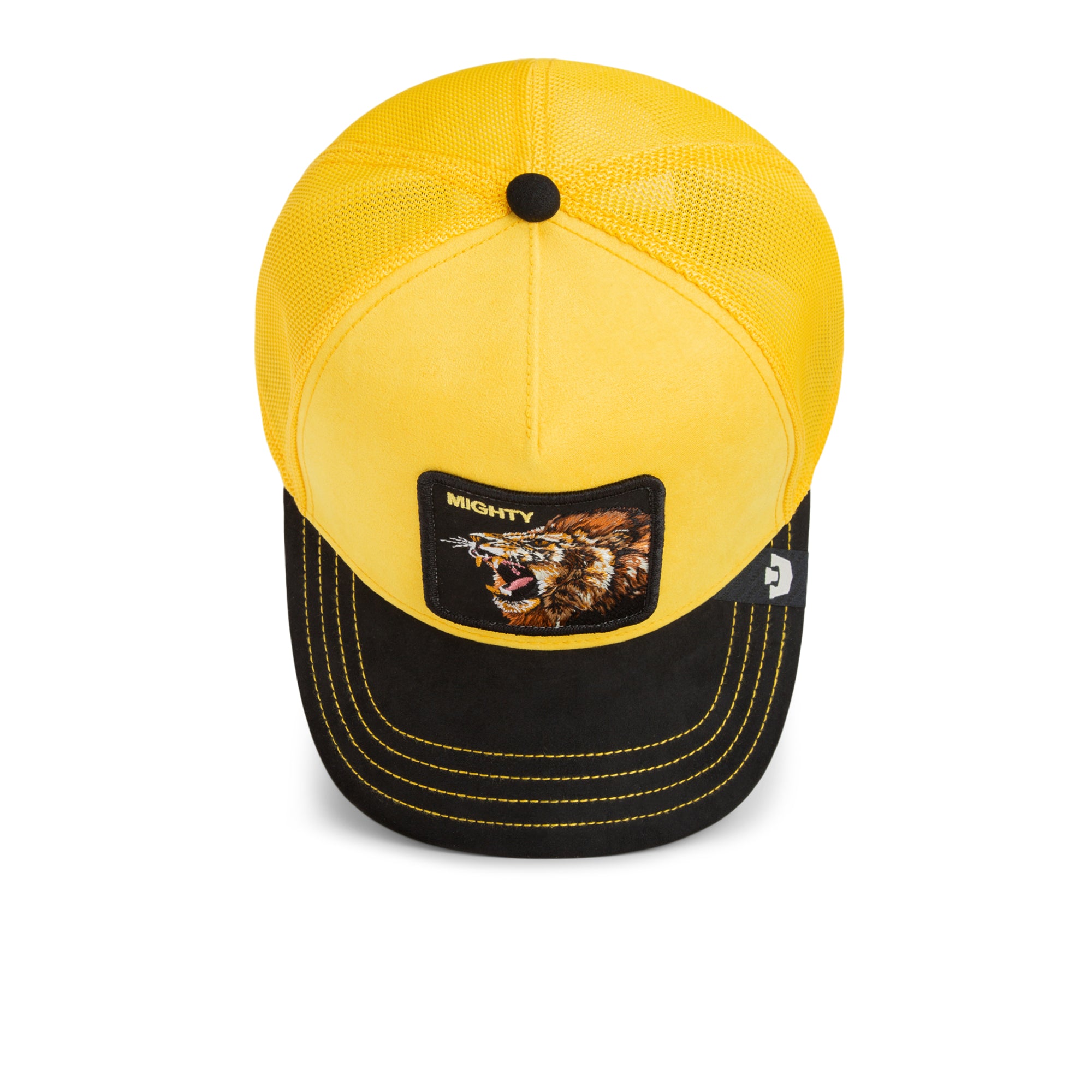 Black suede brim yellow Goorin Bros hat with lion embroidery