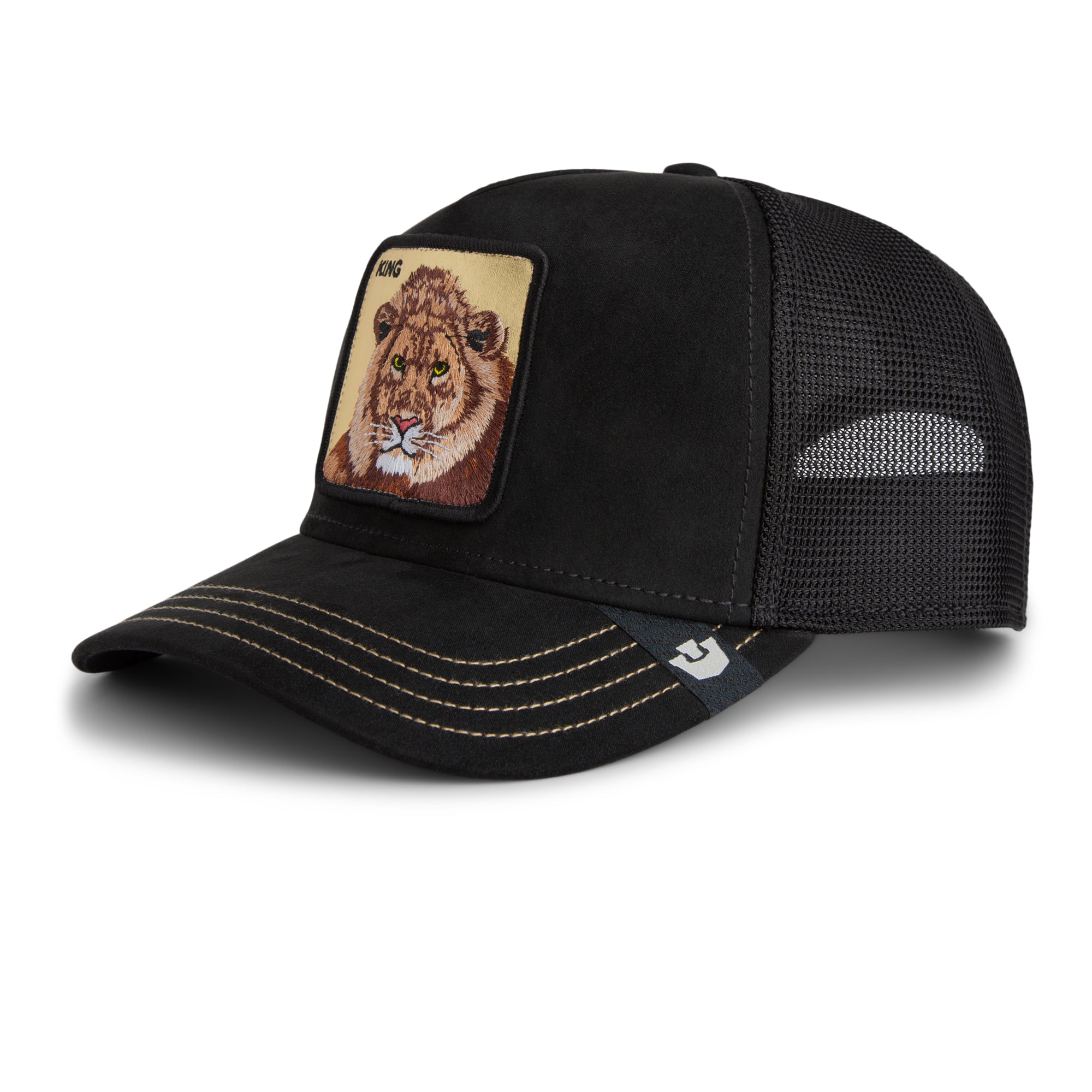Black mesh cap with a lion patch on a white background