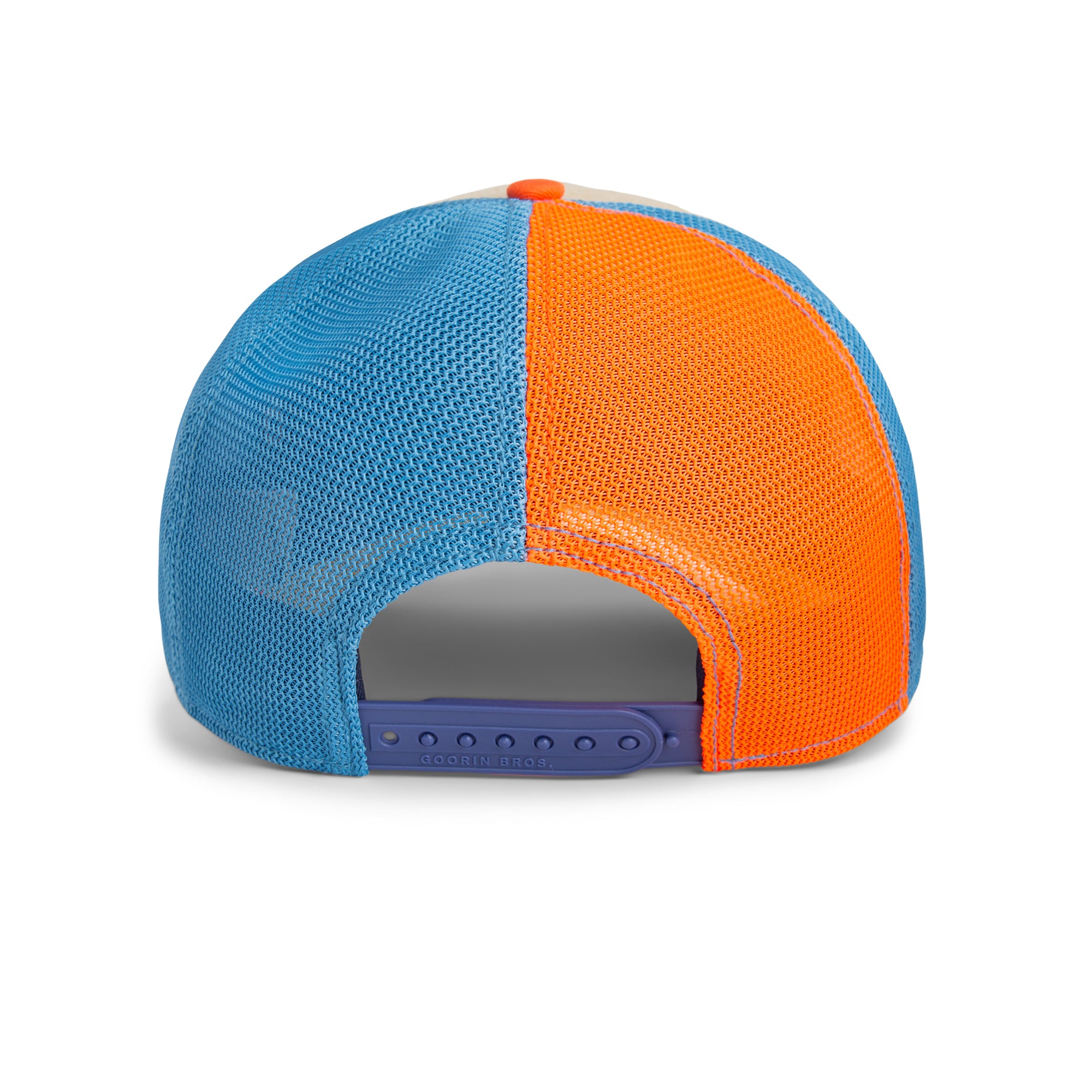 Beige, blue, and orange Goorin Bros trucker hat with corduroy front featuring embroidered squirrel patch labeled NUTS on front panel