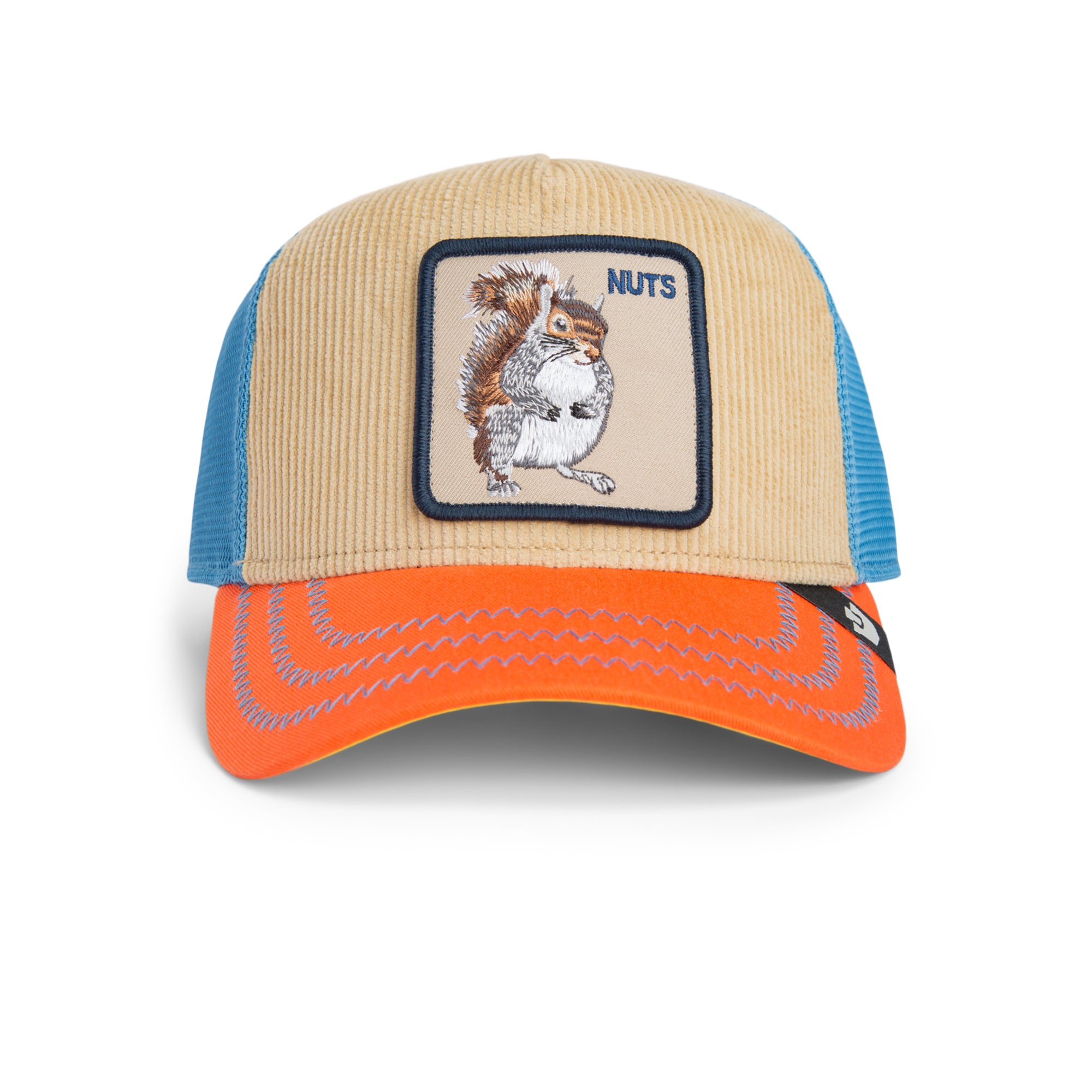 Beige, blue, and orange Goorin Bros trucker hat with corduroy front featuring embroidered squirrel patch labeled NUTS on front panel