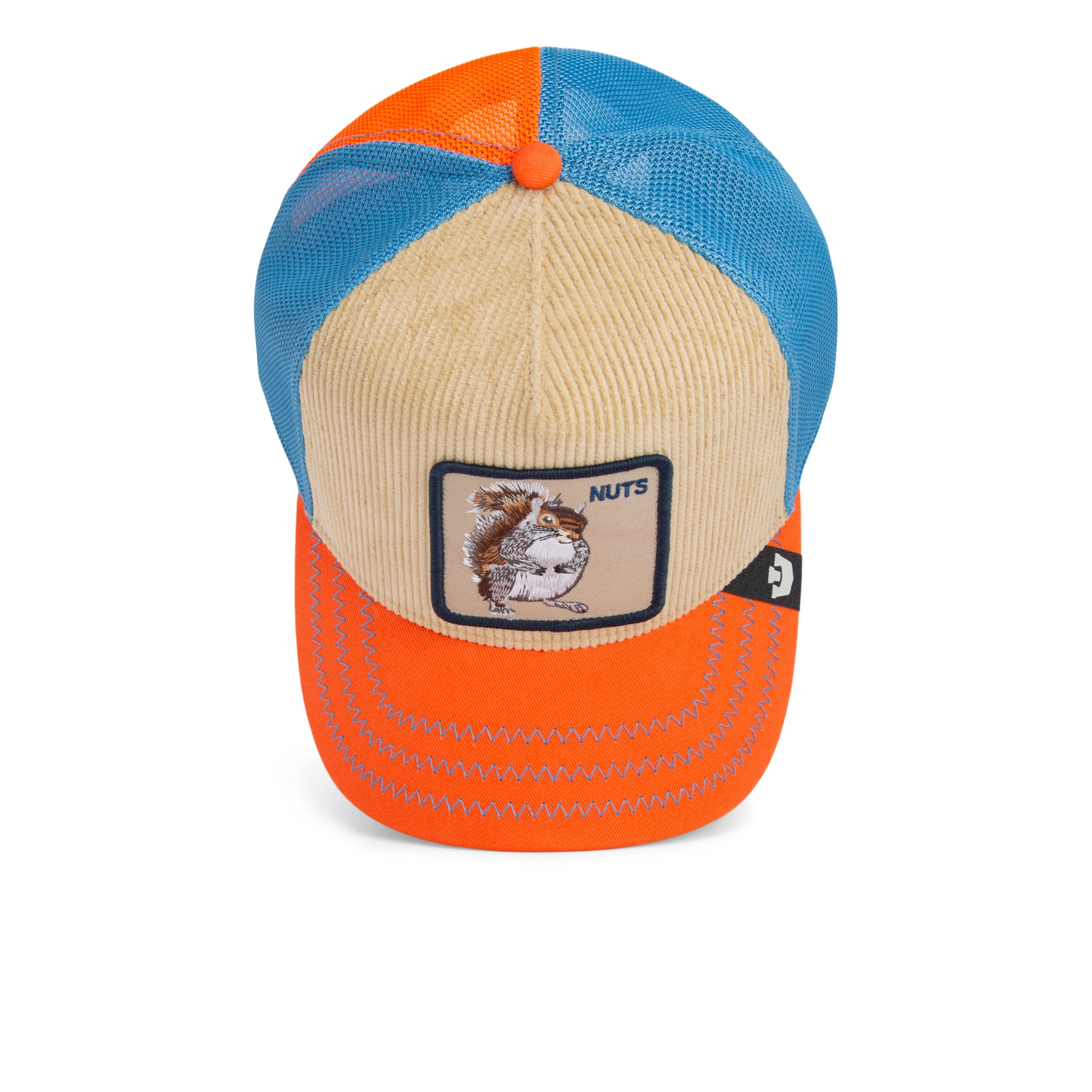 Beige, blue, and orange Goorin Bros trucker hat with corduroy front featuring embroidered squirrel patch labeled NUTS on front panel