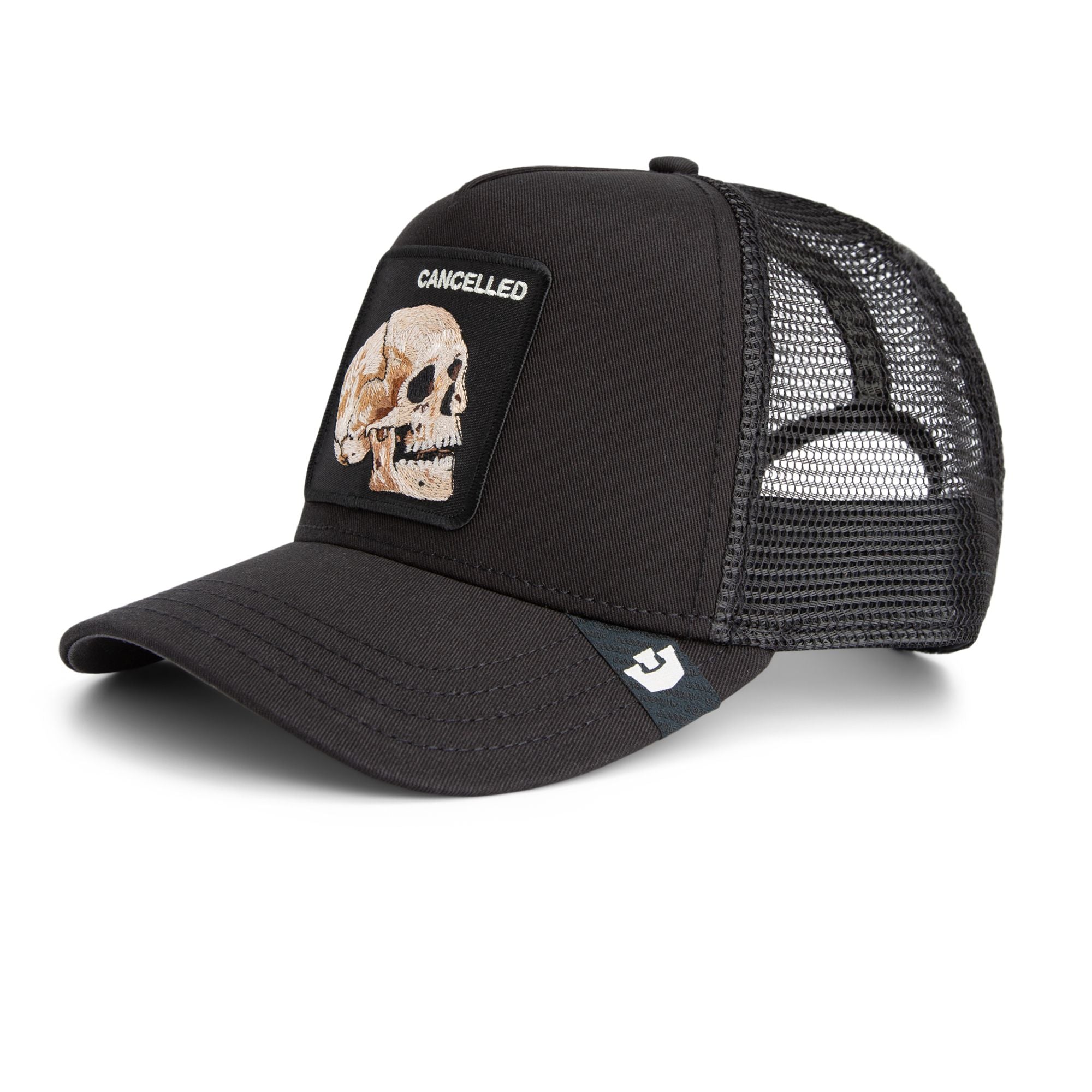 Goorin Bros Cancelled Skull Trucker Hat in black with embroidered skull patch