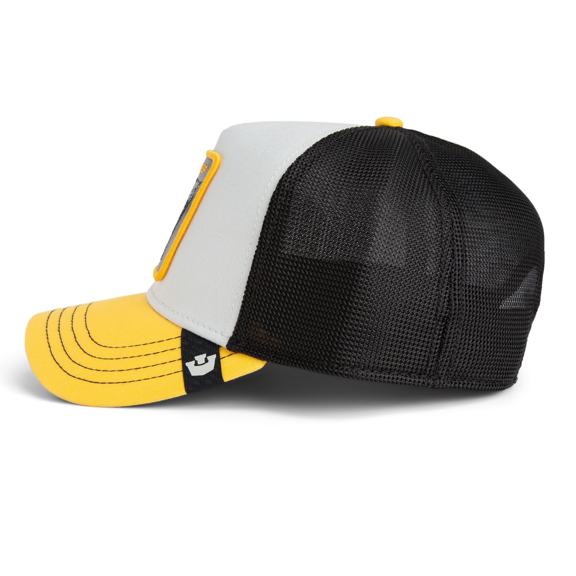 Goorin Bros Black Sheep Trucker Hat with yellow brim and embroidered black sheep patch