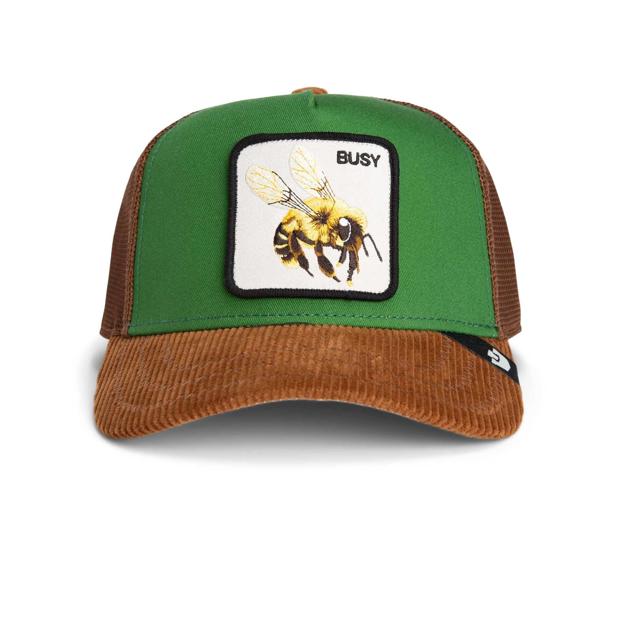Goorin Bros Busy Bee Trucker Hat in green and brown corduroy with embroidered bee patch