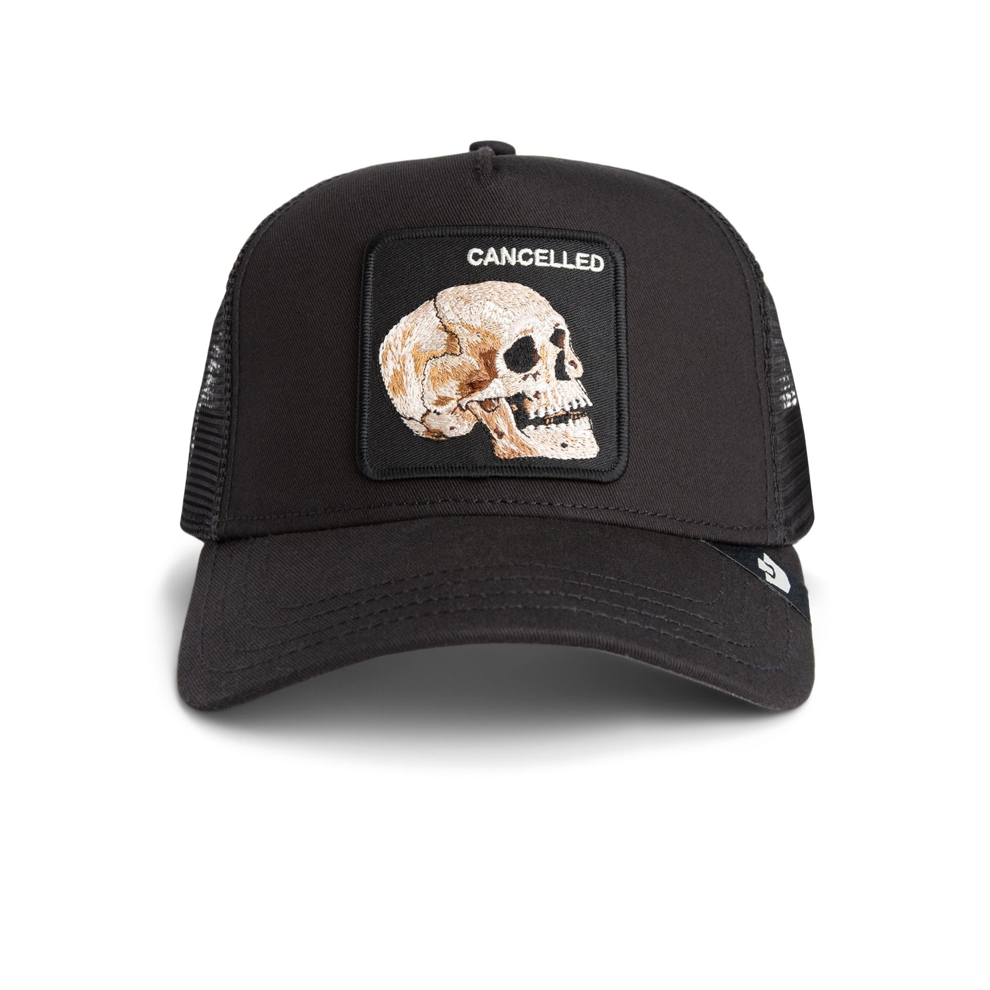 Goorin Bros Cancelled Skull Trucker Hat in black with embroidered skull patch