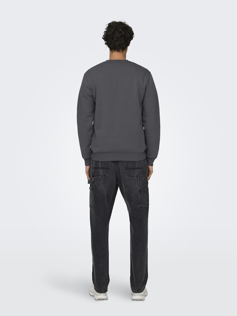 Person wearing a gray sweatshirt and black pants on a white background By Only & Sons