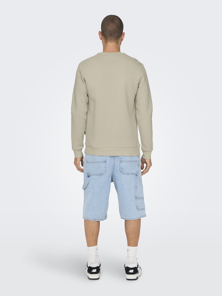 Person wearing a beige sweatshirt and light blue shorts on a white background By Only & Sons