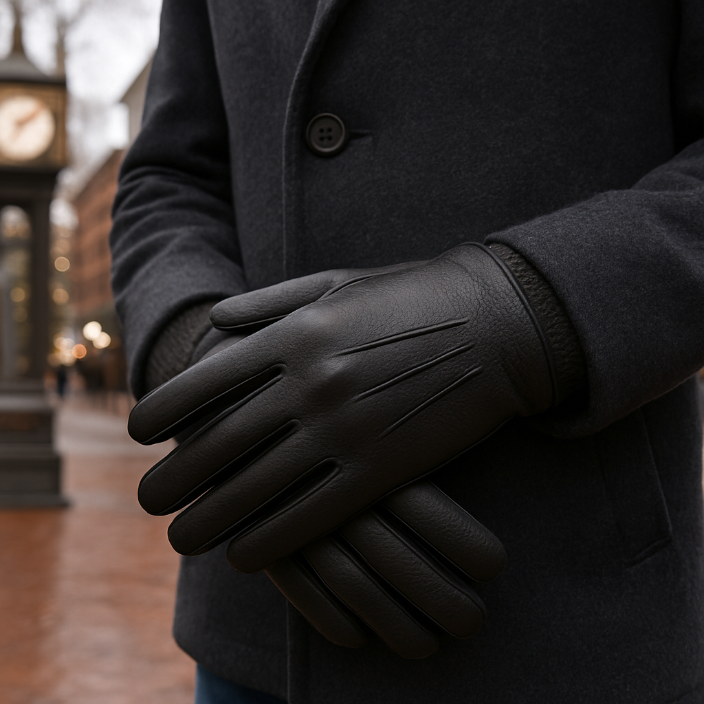 black leather gloves worn by model in gastown vancouver
