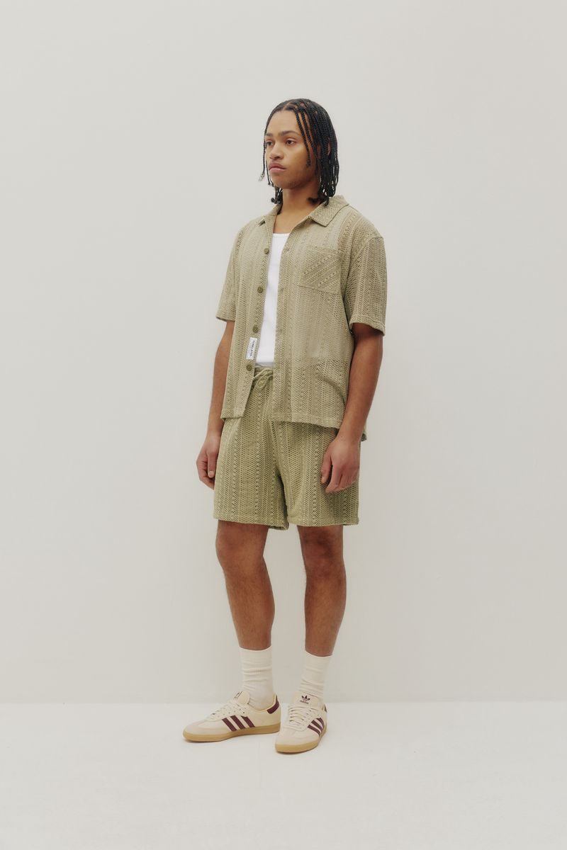 crochet box shirt sage side view