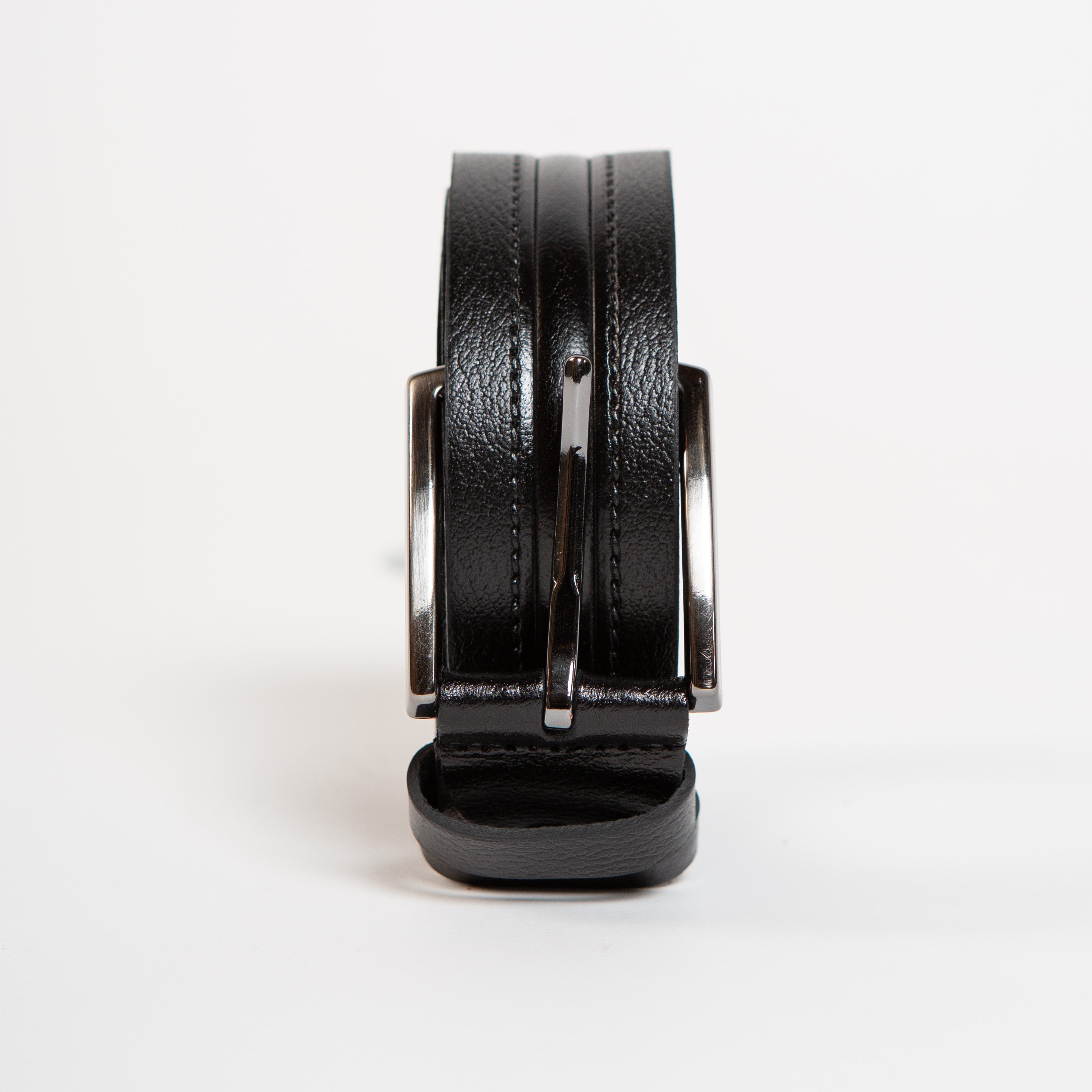 black leather dress belt with stitched detail