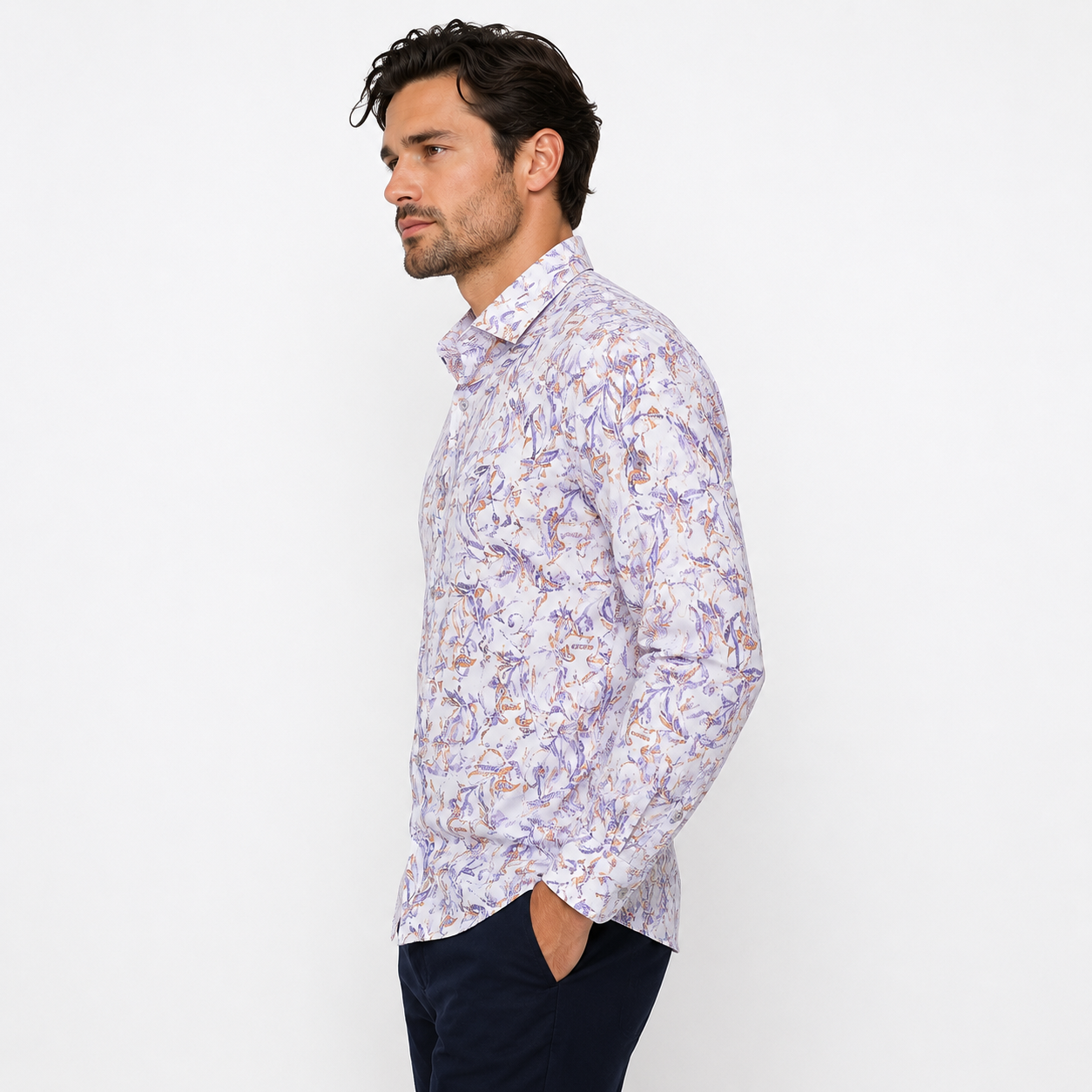 Lilac Floral Dress Shirt - Side Profile on Model