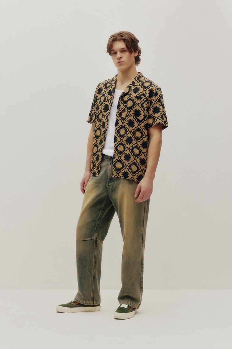 patterned summer shirt black beige tile design