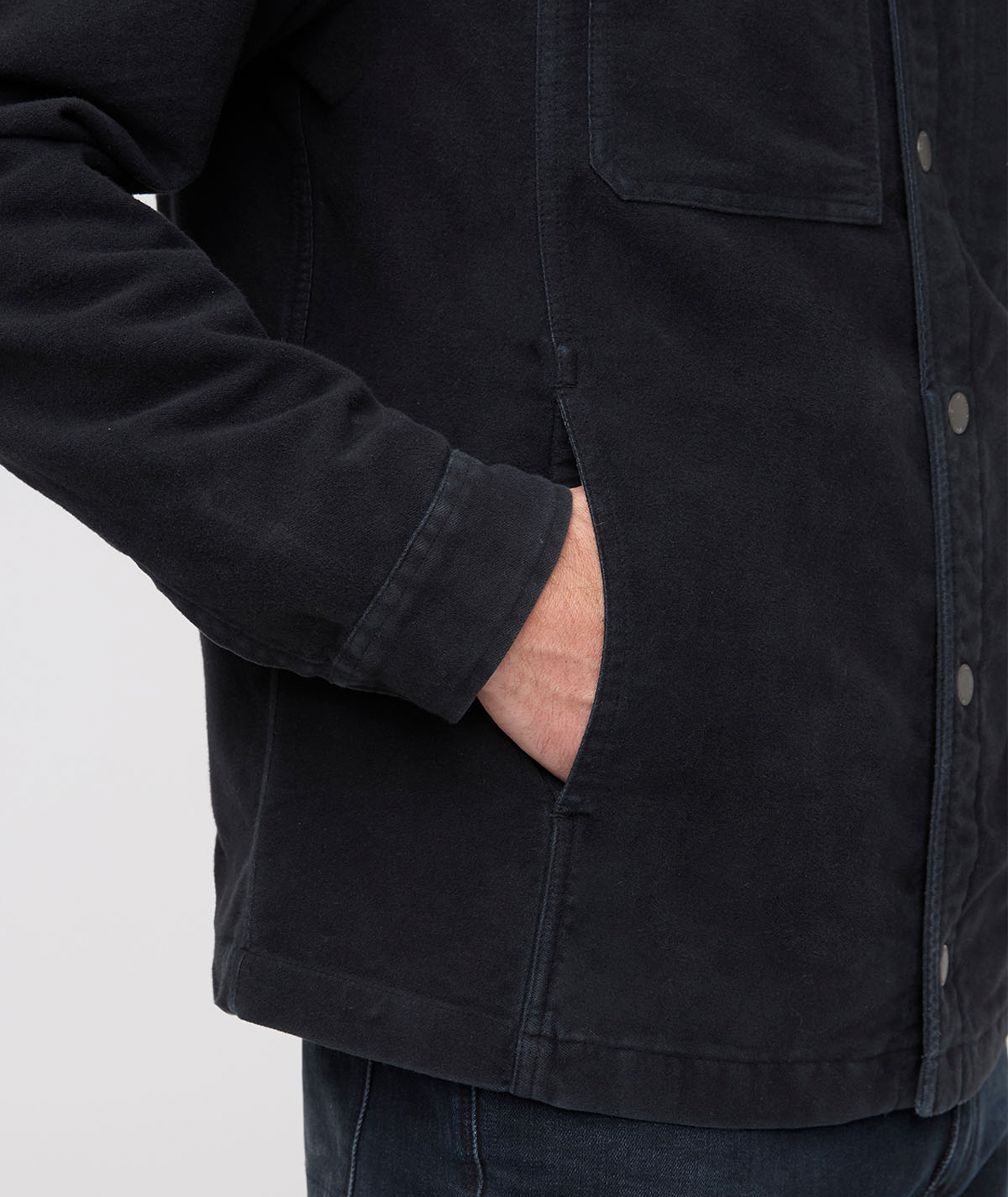 Black jacket with a pocket on a light gray background By Duer Jeans