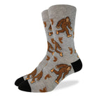 Men’s light grey crew socks with fun Bigfoot and footprint pattern, available at Bia Boro boutique in Vancouver