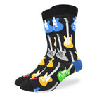 Men’s black crew socks with colorful electric guitar pattern in yellow, blue, green, red, and grey, available at Bia Boro boutique in Vancouver