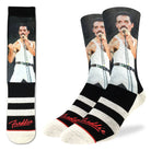 Men’s black and white crew socks featuring a bold portrait of a legendary rock frontman performing on stage, available at Bia Boro boutique in Vancouver