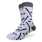 Men’s light grey crew socks with playful black hockey stick and puck pattern, available at Bia Boro boutique in Vancouver