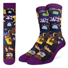 Men’s vibrant purple crew socks with jazz club design featuring musicians, instruments, and 'All That Jazz' text, available at Bia Boro boutique in Vancouver