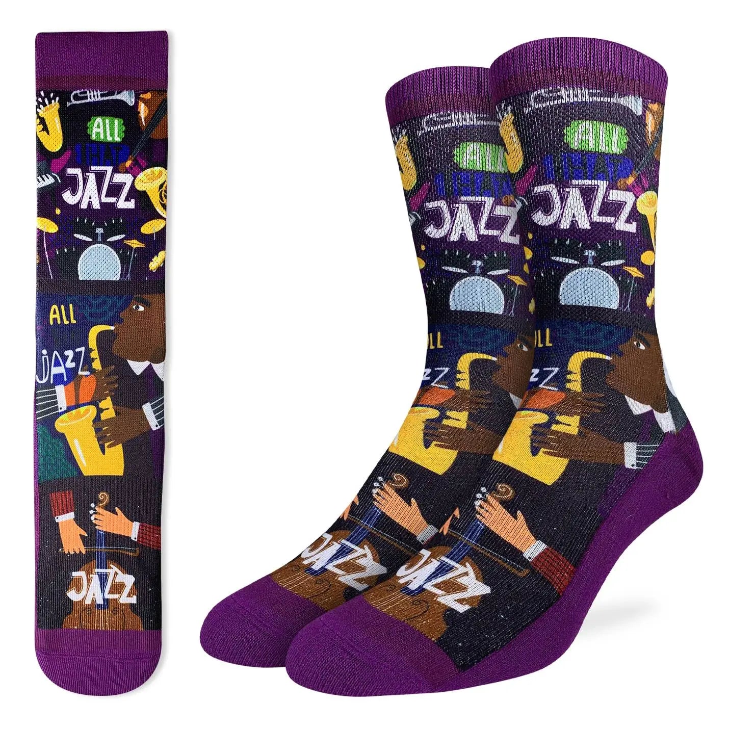 Men’s vibrant purple crew socks with jazz club design featuring musicians, instruments, and 'All That Jazz' text, available at Bia Boro boutique in Vancouver