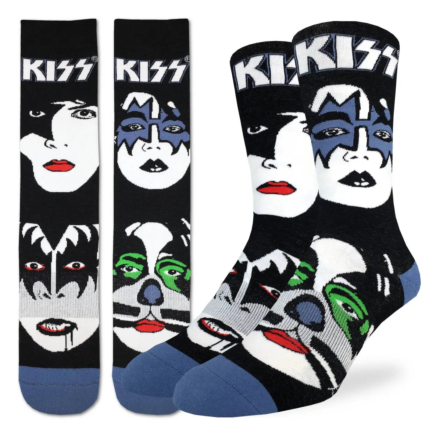 Men’s black crew socks featuring bold graphic faces and logo of an iconic rock band, available at Bia Boro boutique in Vancouver