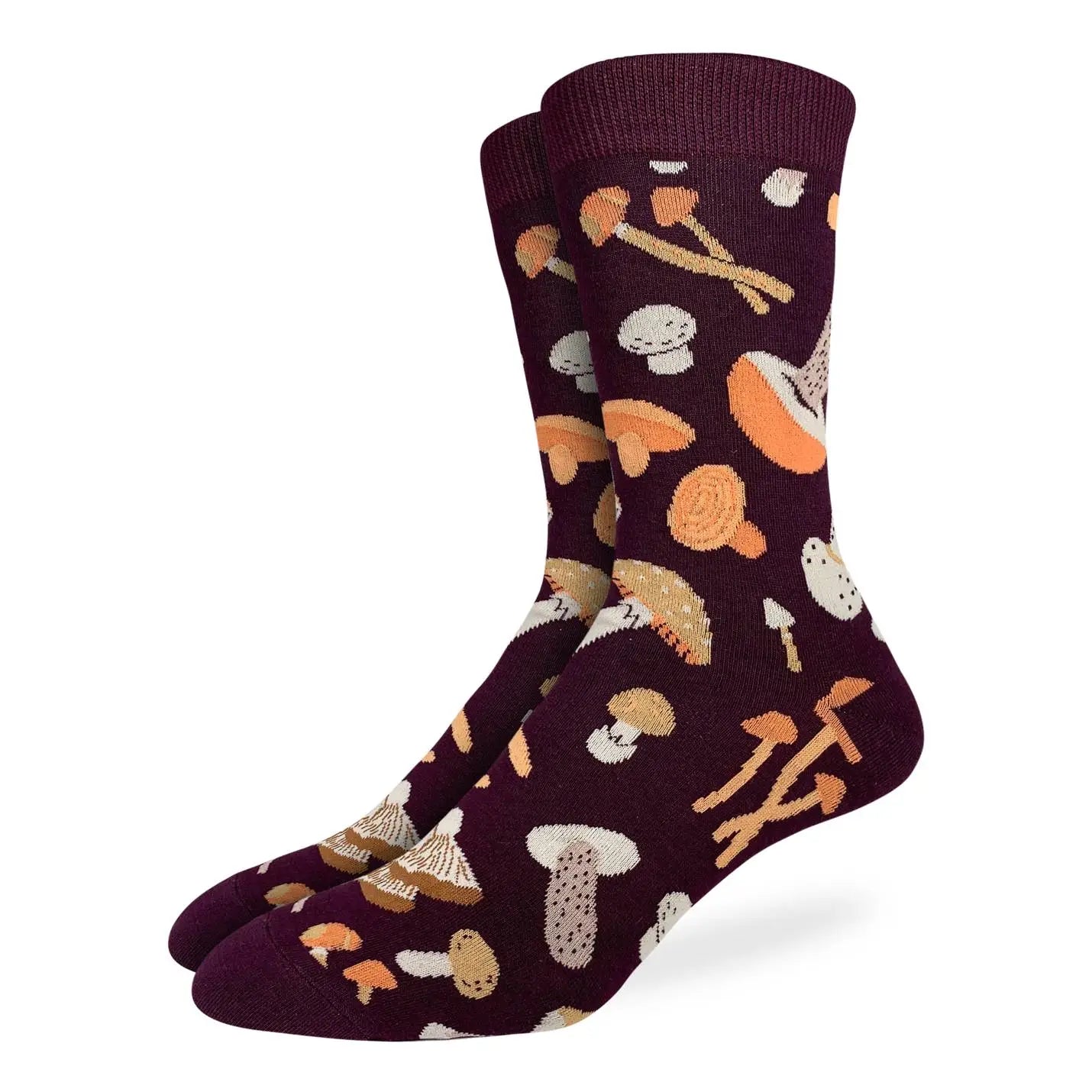 Men’s burgundy crew socks with playful multicolored mushroom pattern, available at Bia Boro boutique in Vancouver.