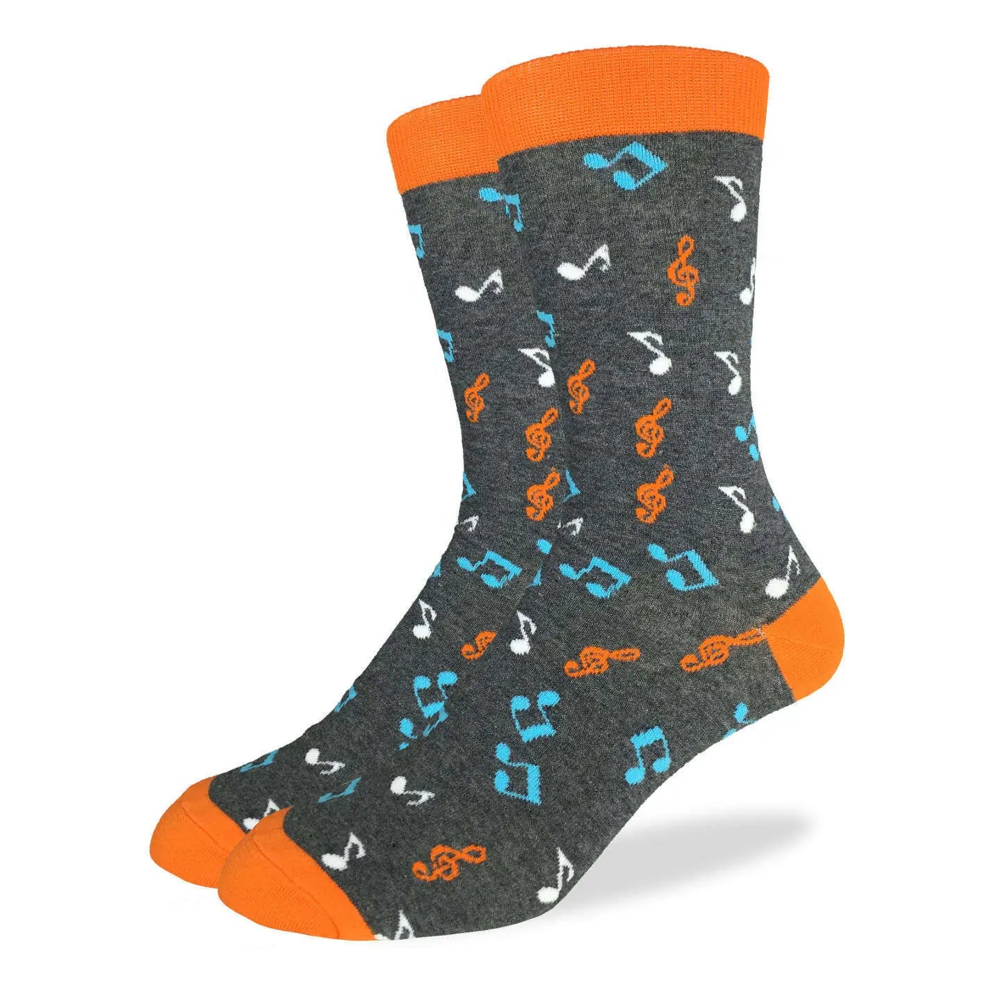 Men’s dark grey crew socks with colorful orange, blue, and white music note pattern, available at Bia Boro boutique in Vancouver