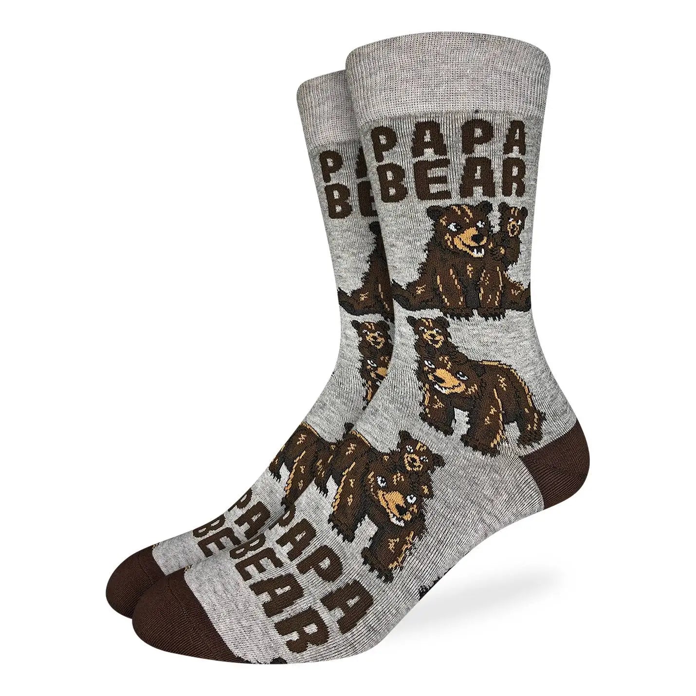 Men’s light grey crew socks with brown bear family design and 'Papa Bear' text, available at Bia Boro boutique in Vancouver
