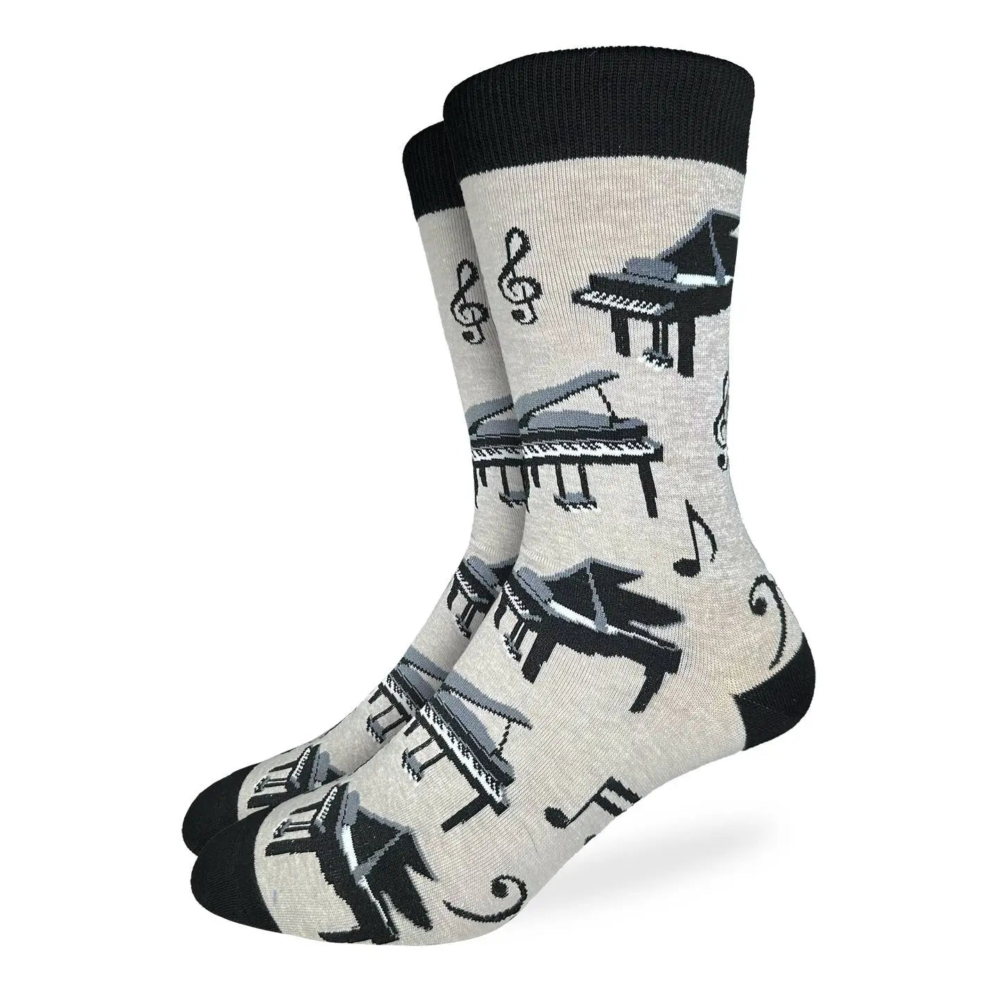 Men’s light grey crew socks with black grand piano and musical note pattern, available at Bia Boro boutique in Vancouver