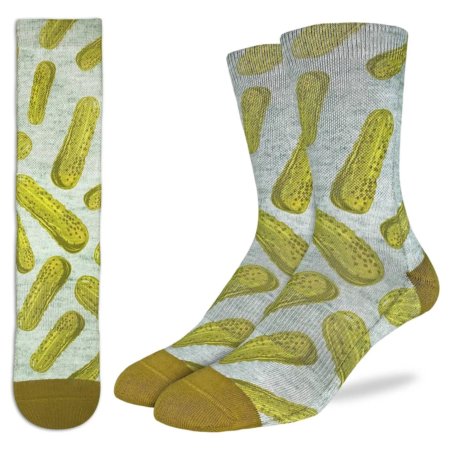 Men’s light grey crew socks with bold all-over pickle pattern, available at Bia Boro boutique in Vancouver
