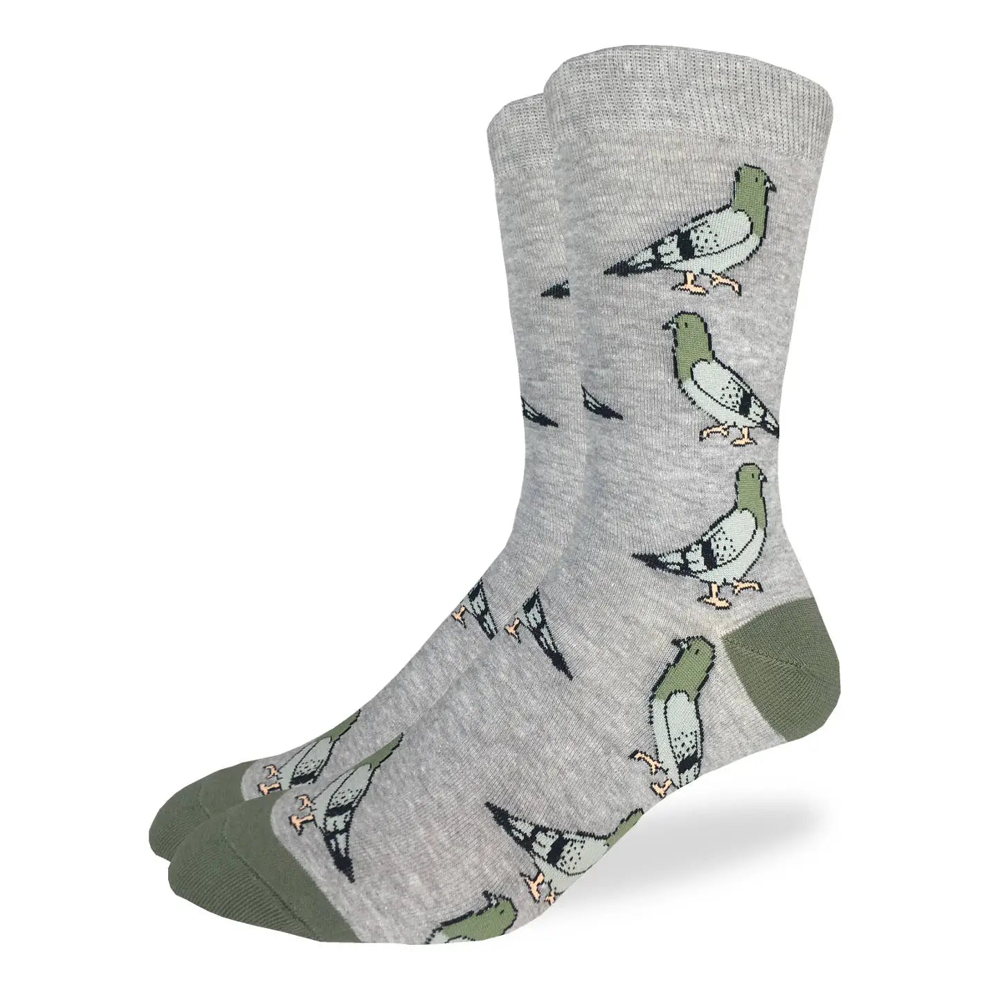 Men’s light grey crew socks with playful green pigeon pattern, available at Bia Boro boutique in Vancouver