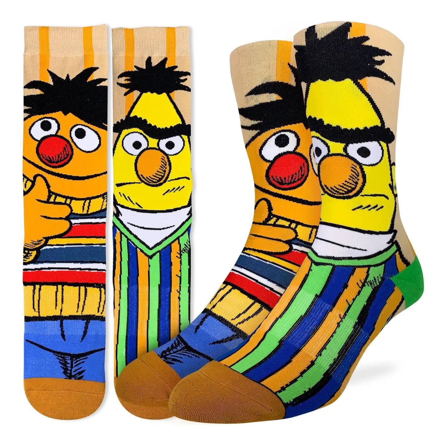 Men’s colorful crew socks featuring a bold cartoon design of two iconic friends in striped sweaters, available at Bia Boro boutique in Vancouver