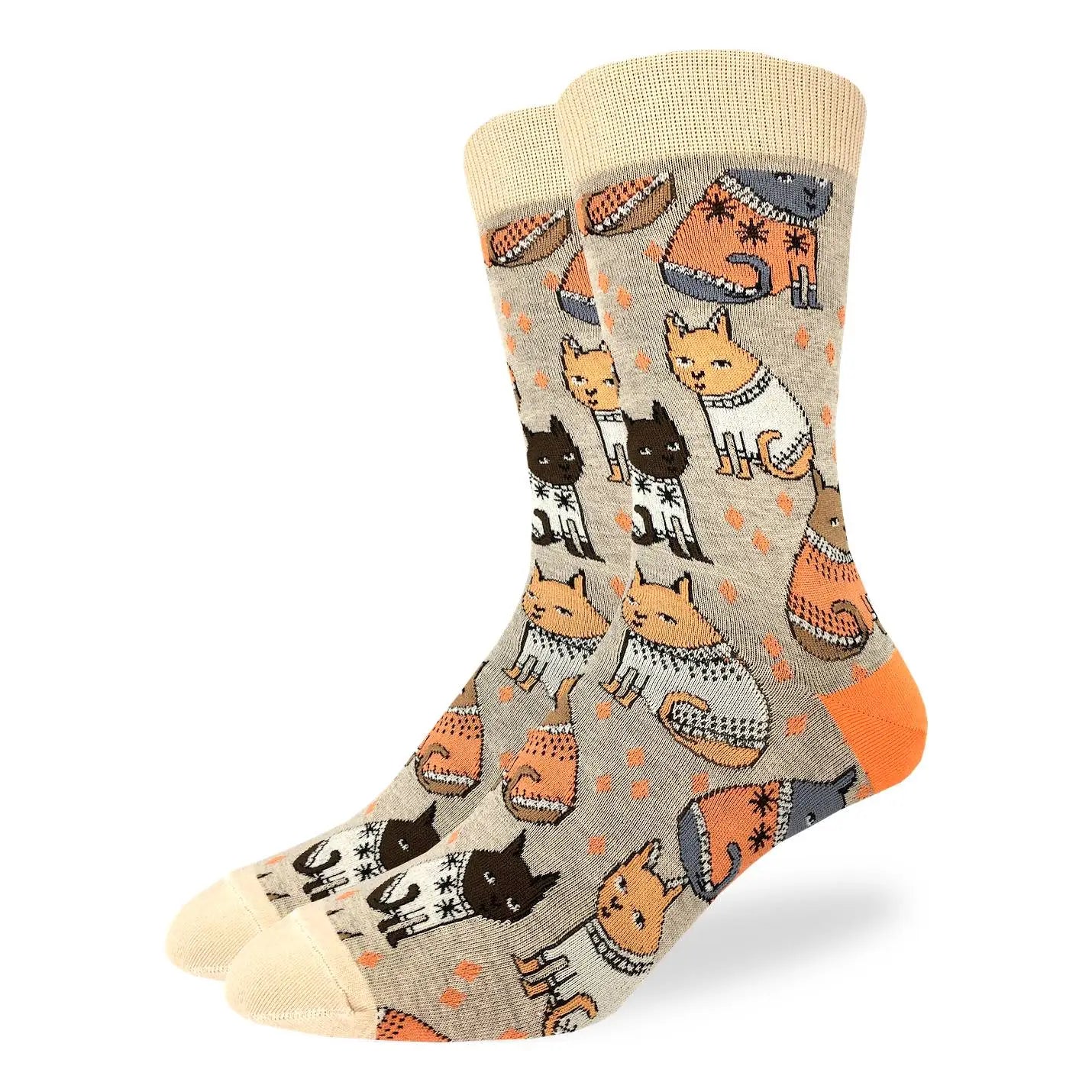 Men’s beige socks with playful sweater-wearing cat pattern in orange, brown, and black tones, available at Bia Boro boutique in Vancouver.
