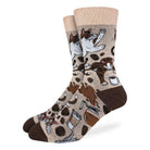 Men’s beige and brown crew socks with playful coffee cat pattern featuring cats, coffee beans, and cups, available at Bia Boro boutique in Vancouver