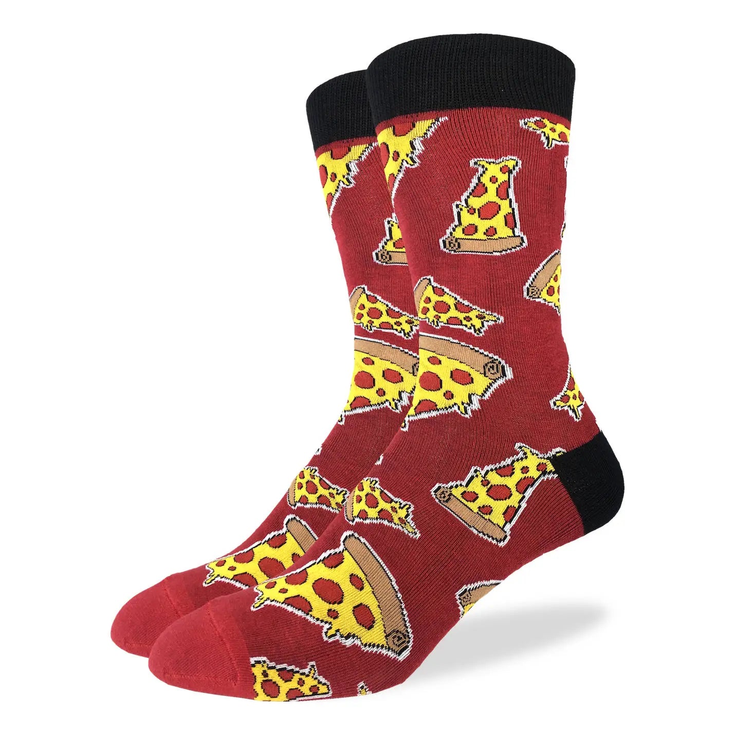 Men’s red crew socks with playful pepperoni pizza slice pattern, available at Bia Boro boutique in Vancouver