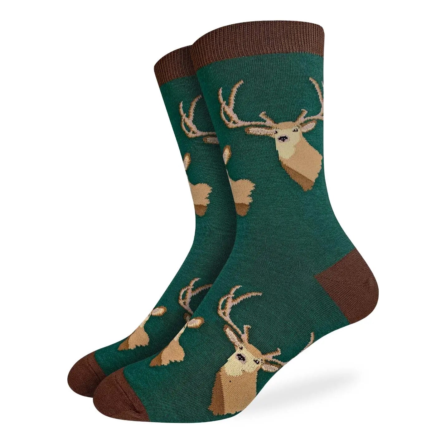 Men’s forest green crew socks with brown deer head and antler pattern, available at Bia Boro boutique in Vancouver