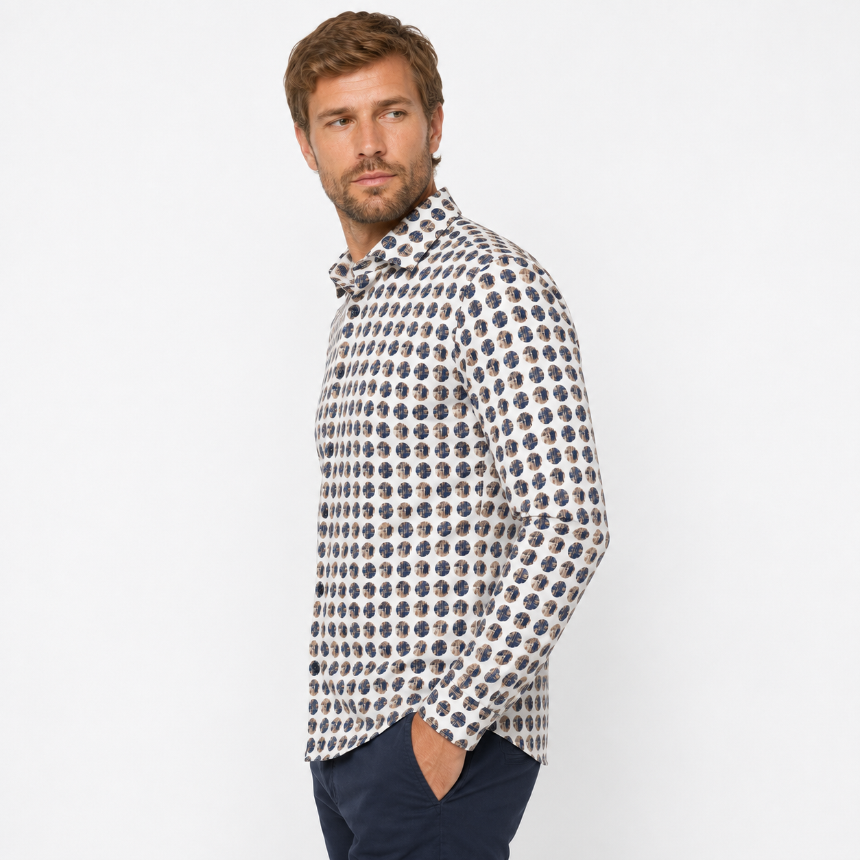Navy Dot Print Dress Shirt - Side Profile on Model