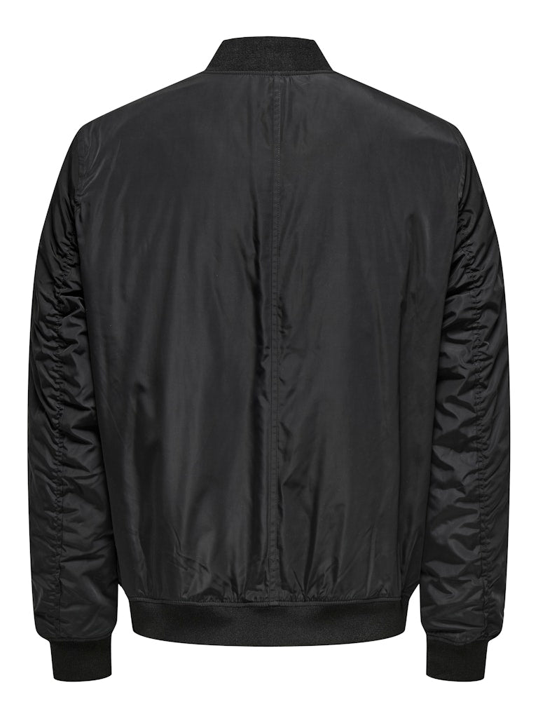 ONLY & SONS black bomber jacket — classic design with orange inner lining.