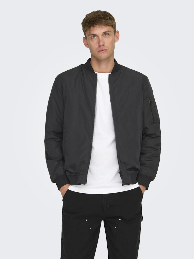 ONLY & SONS black bomber jacket — classic design with orange inner lining.