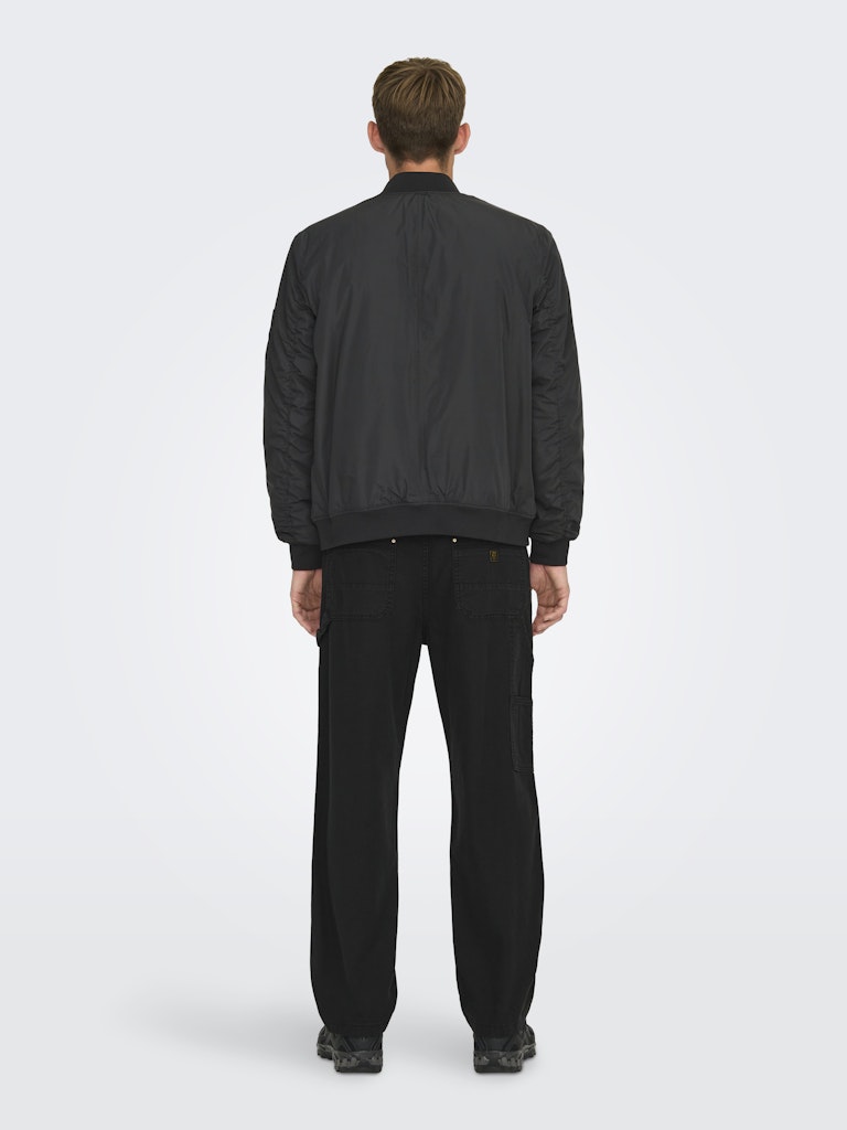 ONLY & SONS black bomber jacket — classic design with orange inner lining.