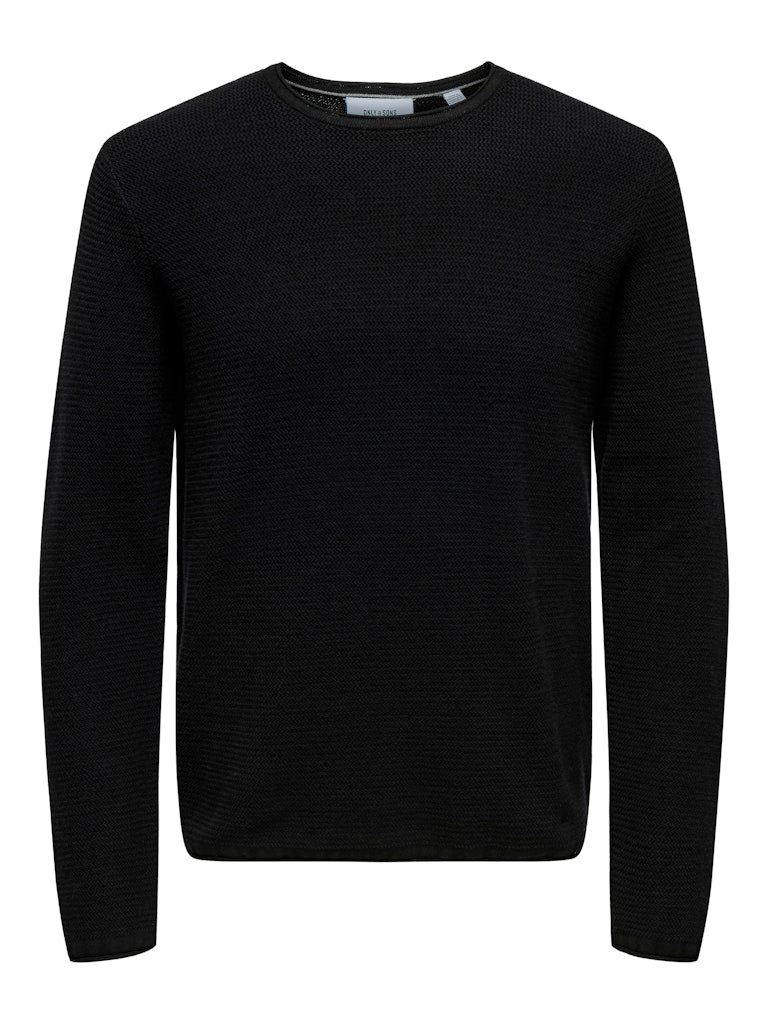 ONLY & SONS black textured knit sweater — long-sleeve crew neck pullover with minimalist design from Fall Winter collection.