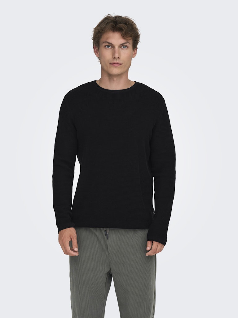 ONLY & SONS black textured knit sweater — long-sleeve crew neck pullover with minimalist design from Fall Winter collection.