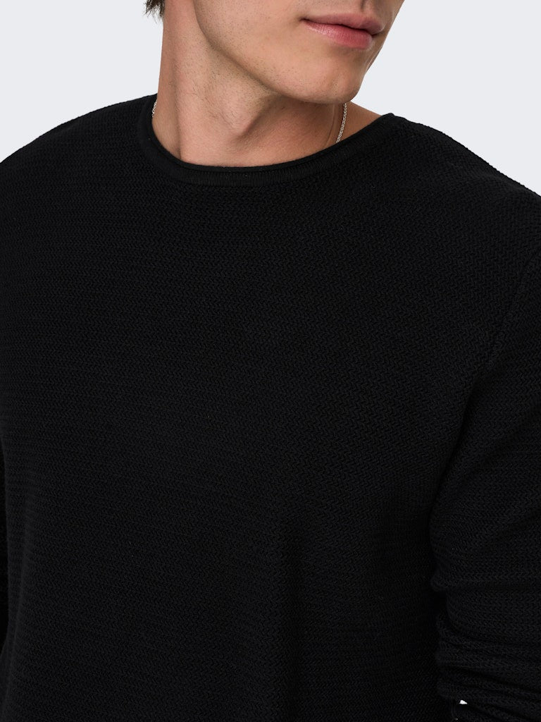 ONLY & SONS black textured knit sweater — long-sleeve crew neck pullover with minimalist design from Fall Winter collection.