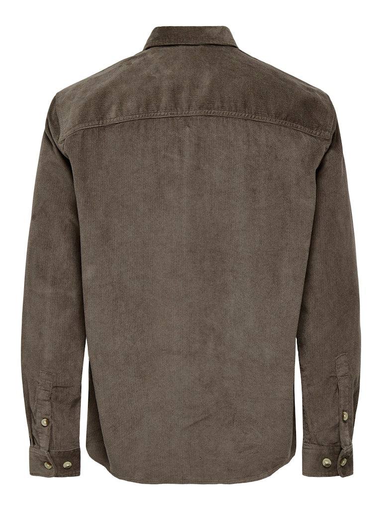 ONLY & SONS coffee brown corduroy shirt — relaxed fit with button fastening and twin chest pockets.