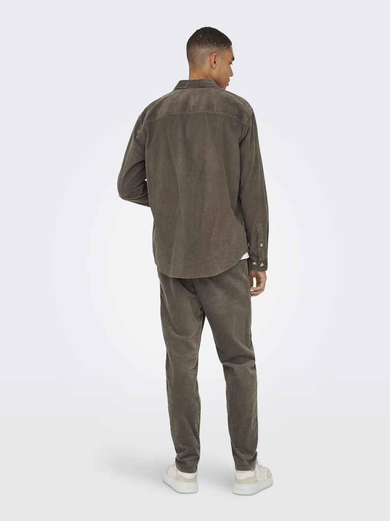 ONLY & SONS coffee brown corduroy shirt — relaxed fit with button fastening and twin chest pockets.